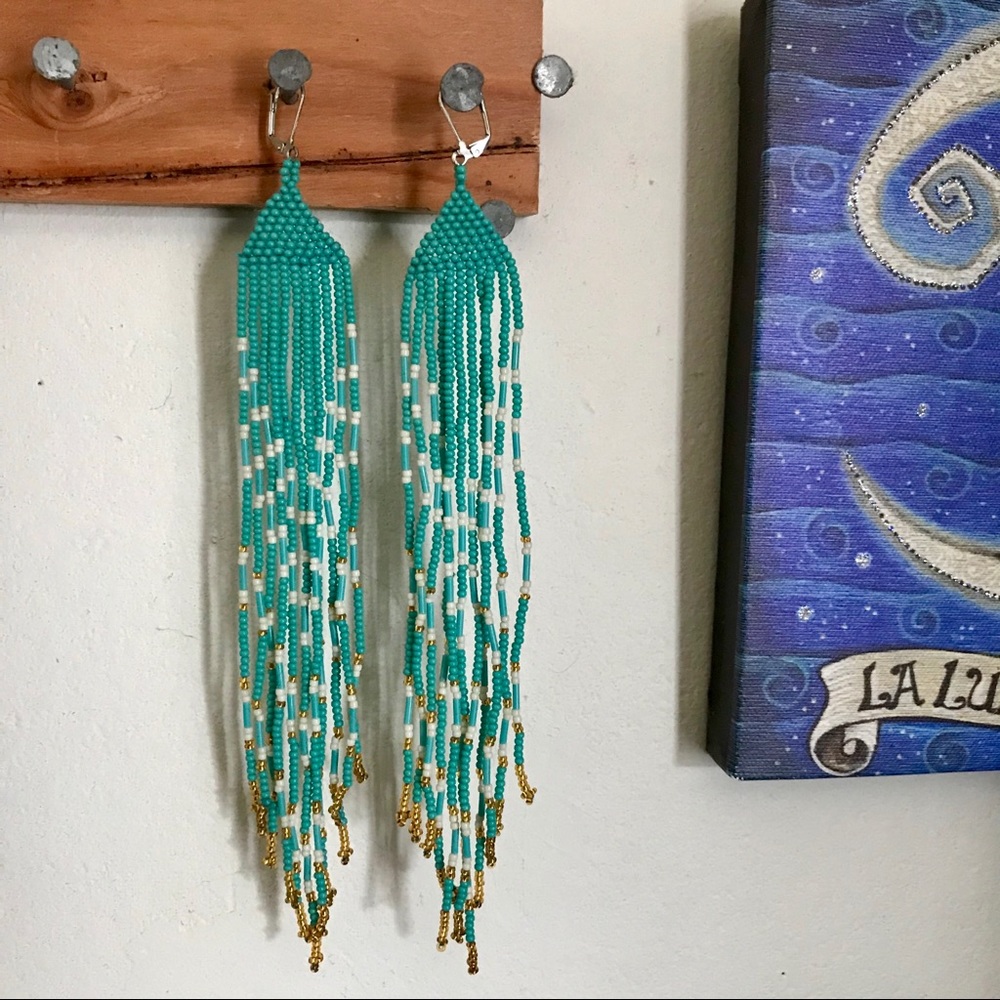 Handmade Turquoise Beaded Boho Long Earrings
